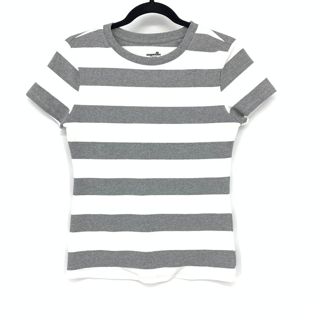 Sugarkiss Short Sleeve T-Shirt Womens Sz Medium Gray White Bold Stripe Crew Neck